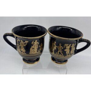 24K Gold on Black ST Greek Gods & Goddesses Cup Pair Handmade in Greece 8 Oz EUC